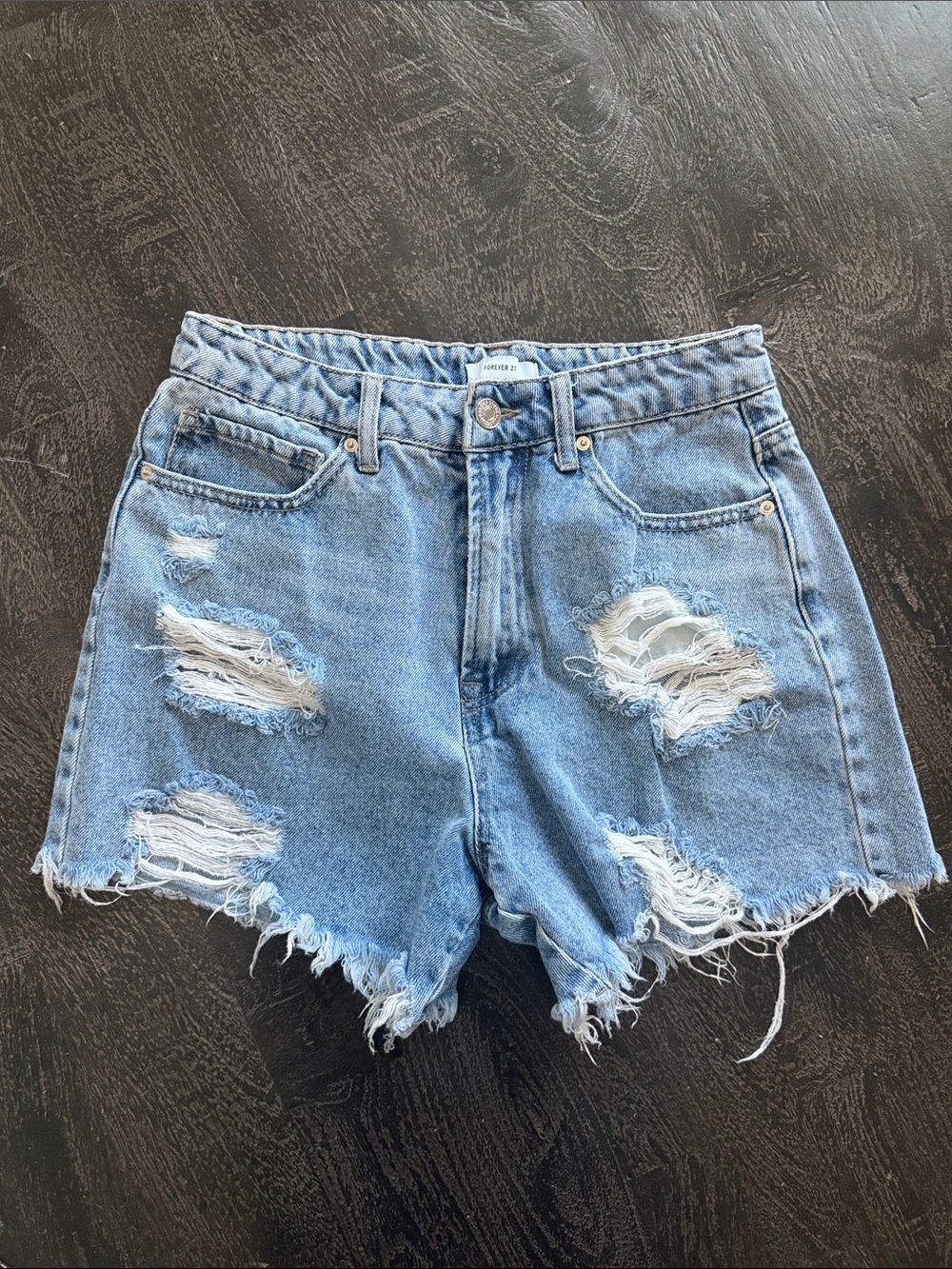 Forever 21 Light Blue Distressed High-Waist Denim Shorts